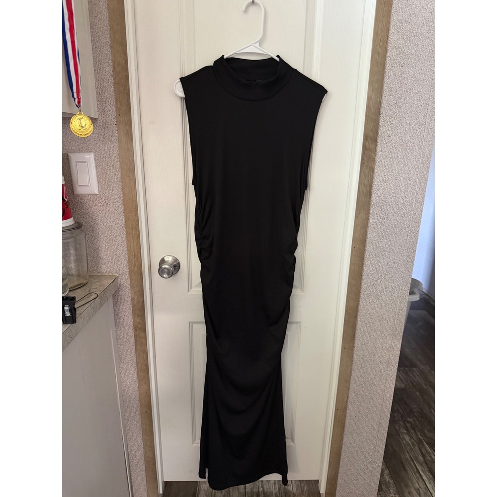 H&M Divided Womens XL Black Ribbed Mock Neck Ruched Side Sleeveless Maxi Dress